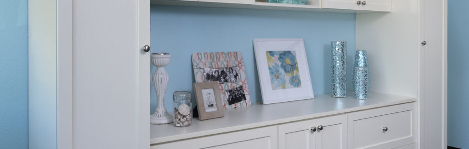 styled home office shelving for zoom background