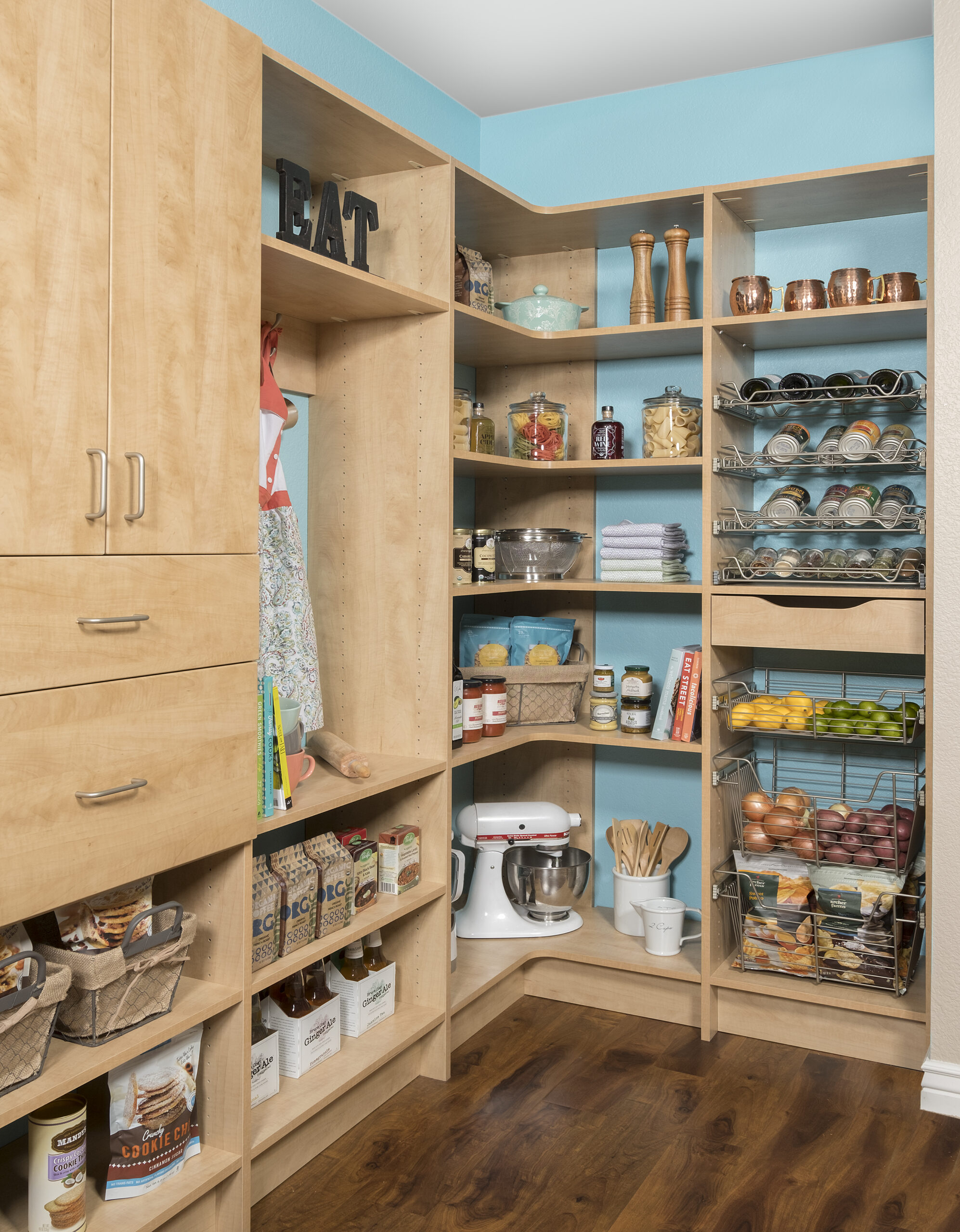 organized pantry with adjustable shelving, pullouts, corner shelves, vertical dividers