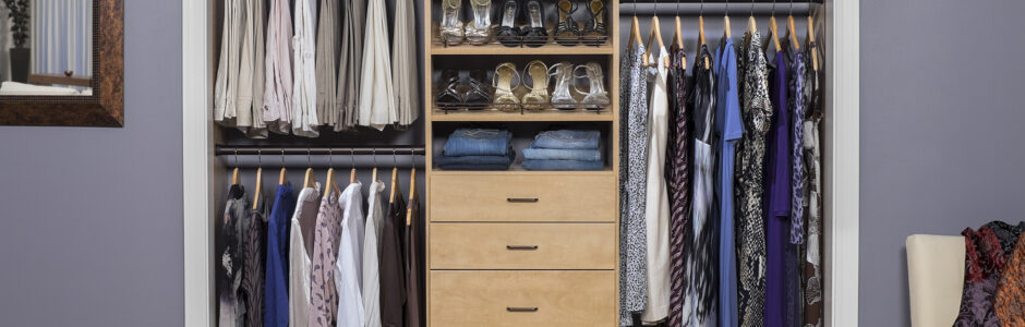 reach in closet with a mx of long hang, short hang, shelving, and drawers to maximize vertical space and improve storage