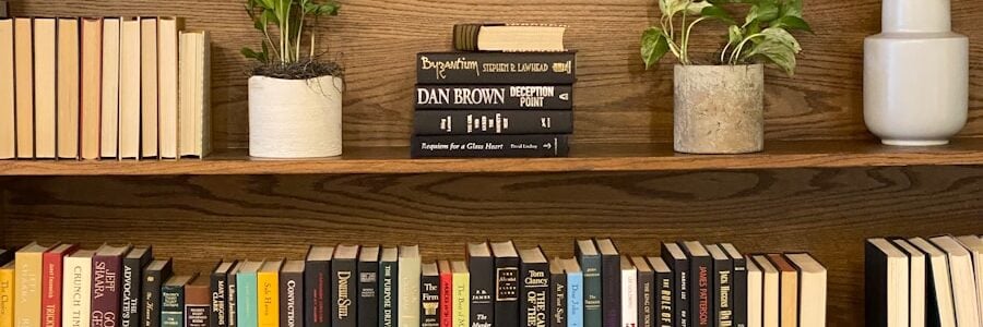 decluttered bookshelf allowing for a little plant life and greenery