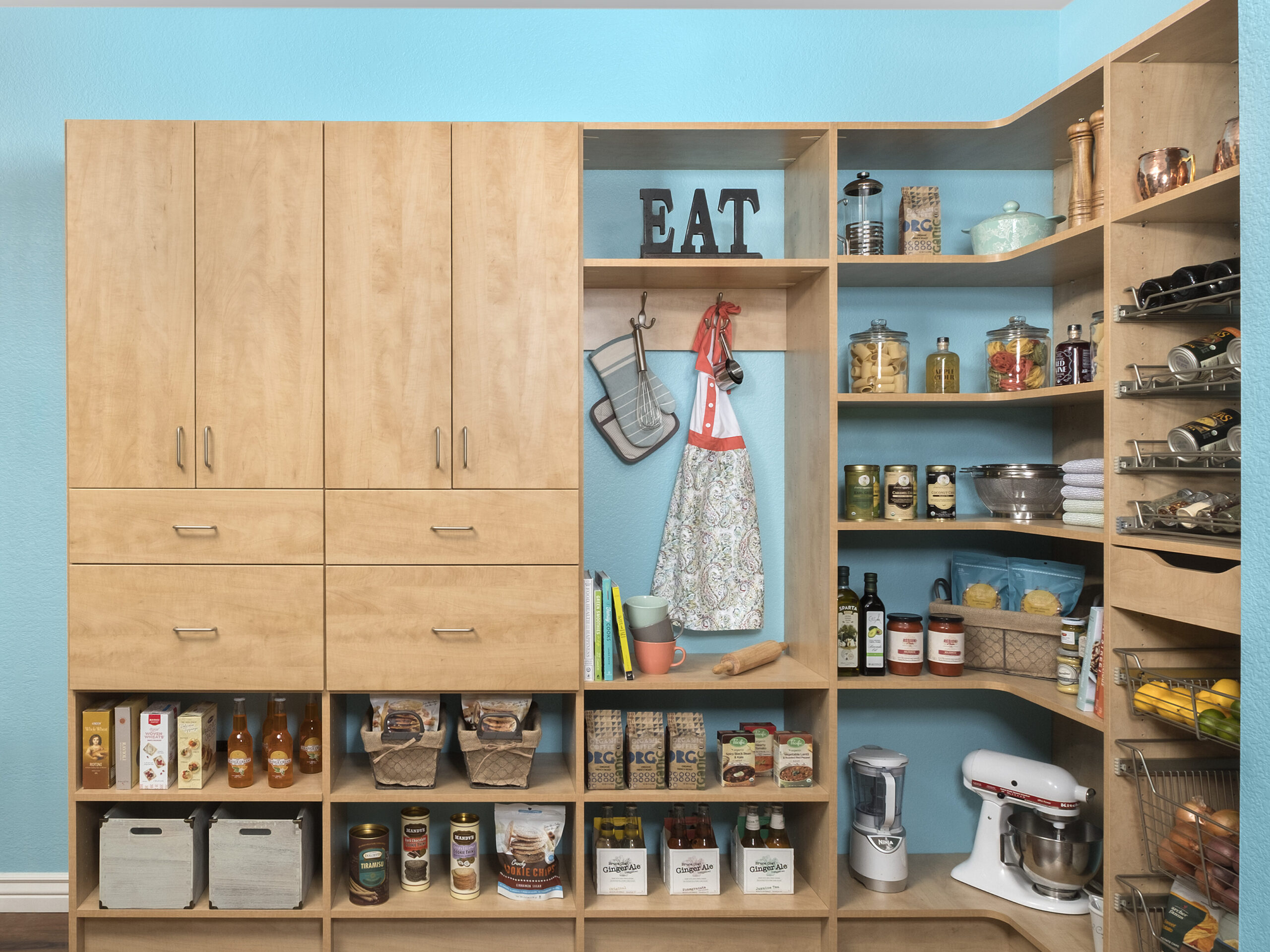 organized pantry with adjustable shelving, pullouts, corner shelves, vertical dividers