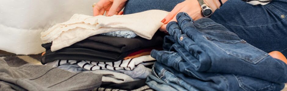 person holding clothes while deciding what to declutter